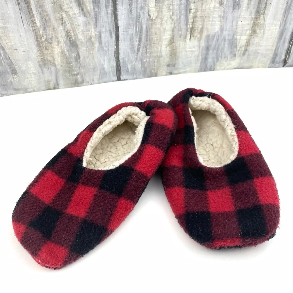 Buffalo Check Plaid Flannel Slippers Sherpa-Lined Rubber Grip Bottom House Shoe